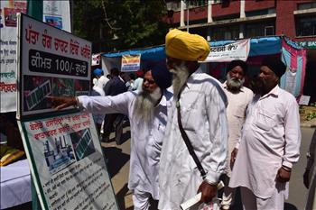 Farmers taking a look at details of Leaf Colour Chart (LCC).
