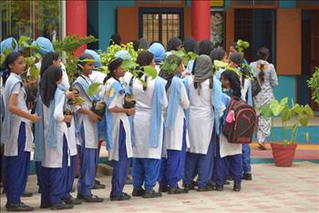 Students in an excited mood after receiving the saplings.